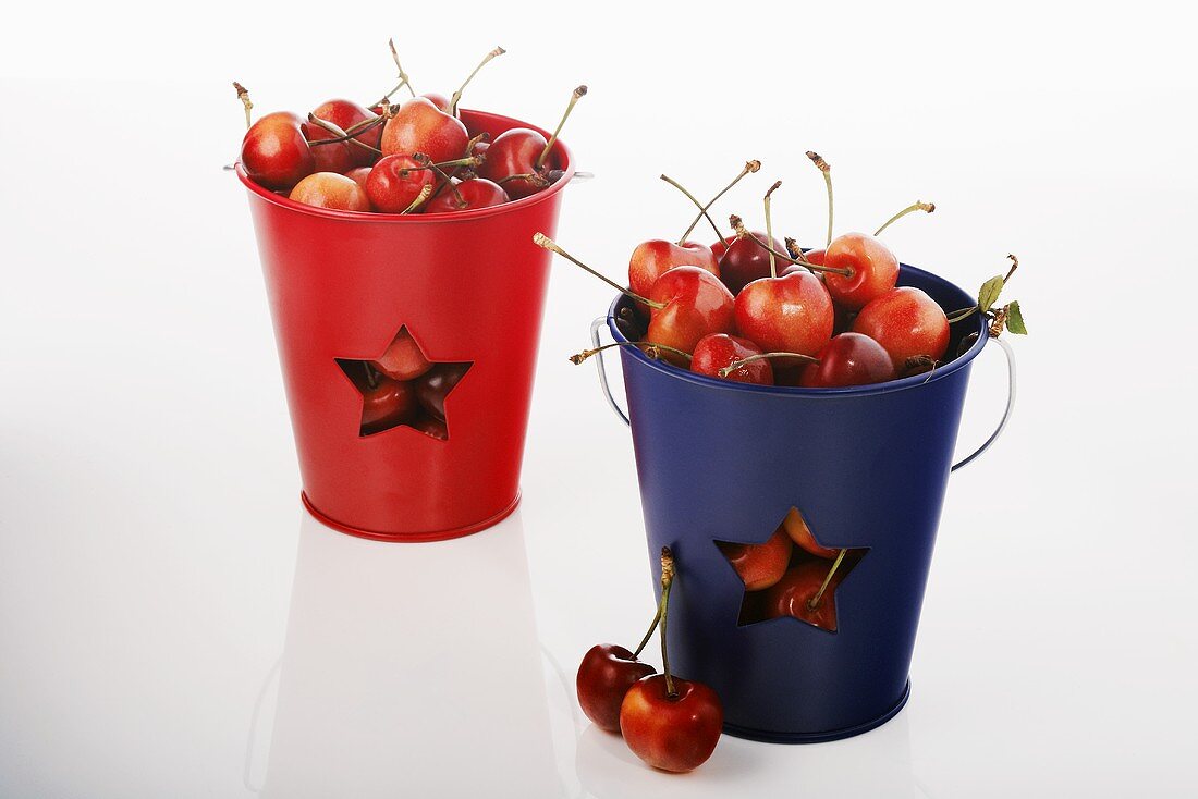 Red and Blue Pails Filled with Cherries; White Background