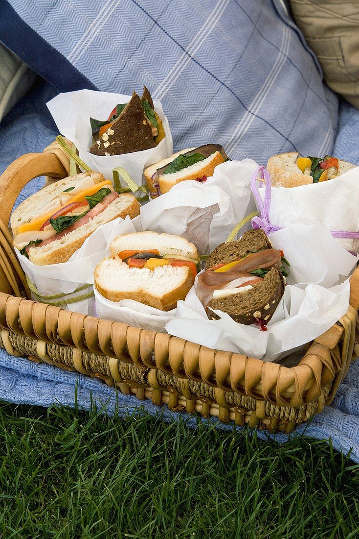 Assorted Wrapped Sandwiches in a Picnic Basket on the Grass