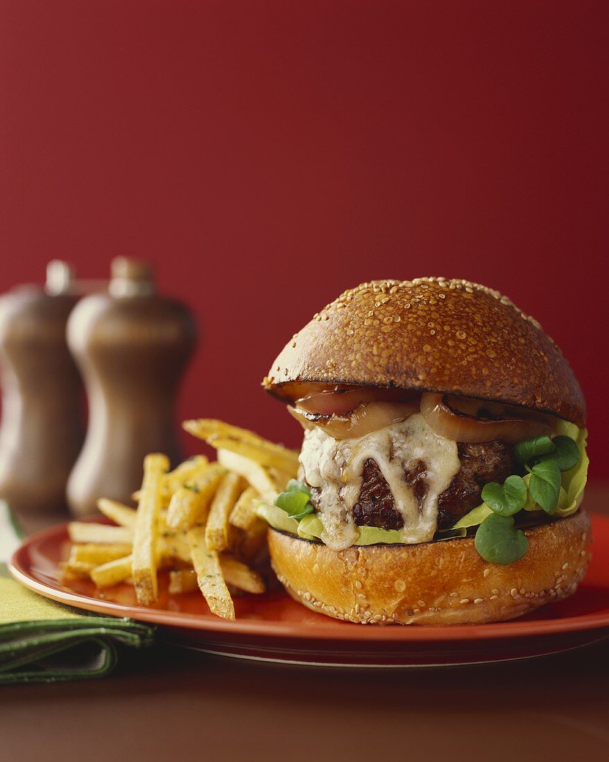 Cheese Burger mit gebratenen Zwiebeln und Pommes frites