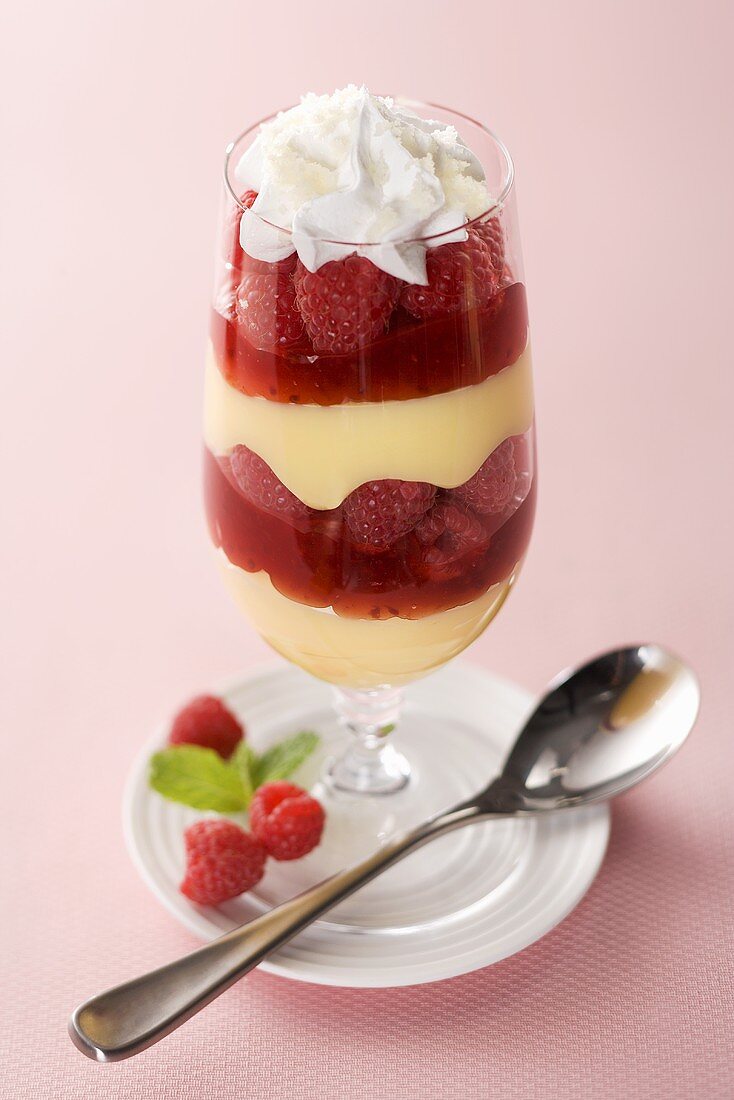 Vanillecreme mit Himbeeren und Sahne