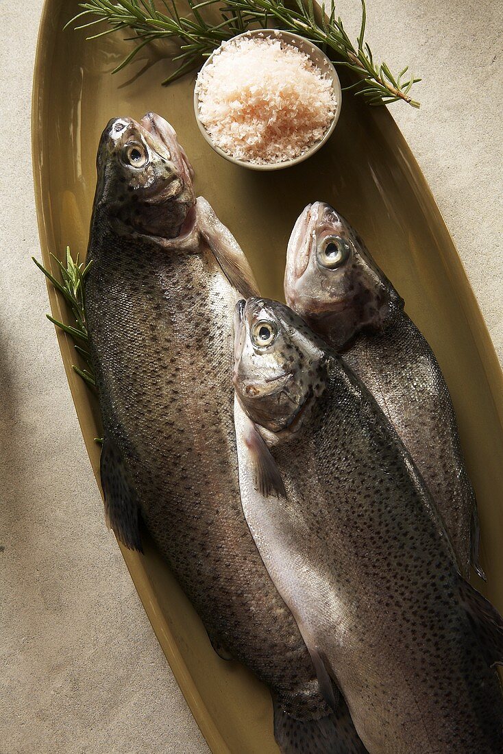 Three Whole Trout with Pink Salt and Rosemary on a Platter