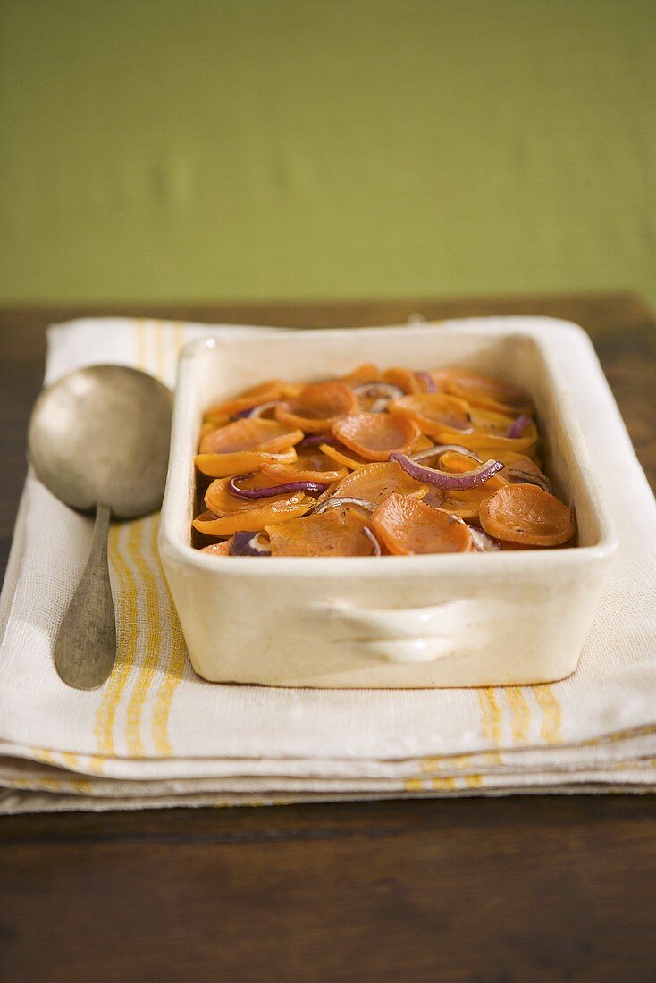 Sweet Potato and Red Onion Gratin in Baking Dish