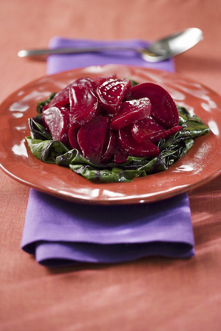 Roasted Beets Over Beet Greens