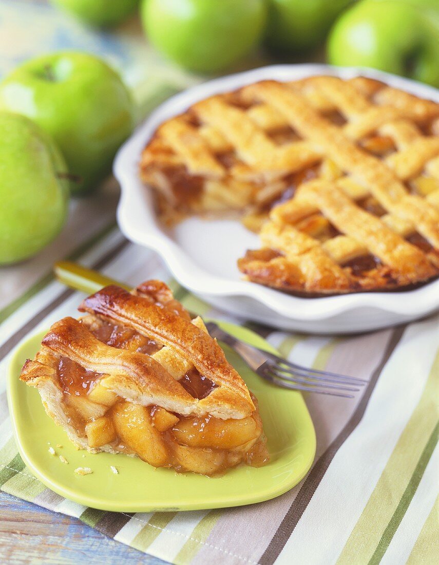 Slice of Apple Pie with Lattice Top, Whole Pie and Granny Smith Apples