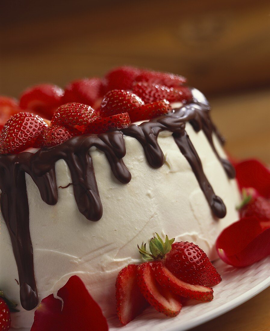 Weisser Kuchen mit Erdbeeren, Schokoglasur und Rosenblättern