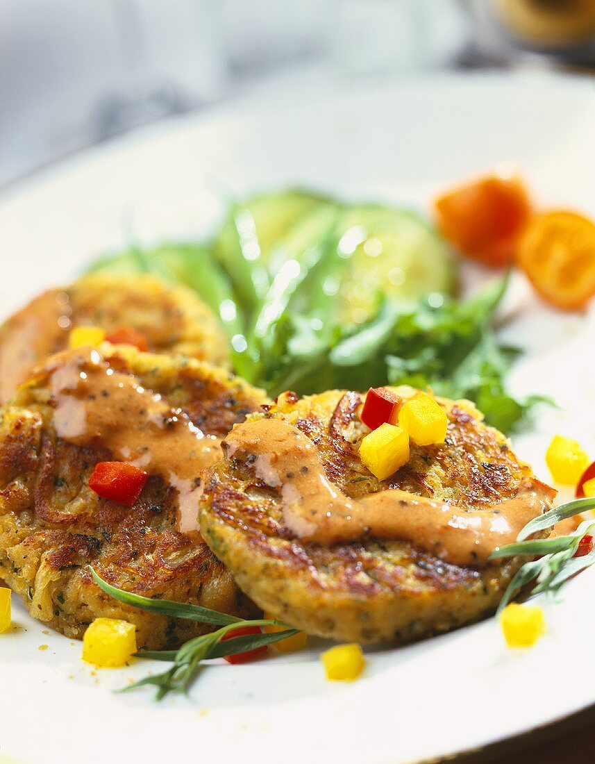 Gemüsepuffer mit Paprikawürfeln auf Salat