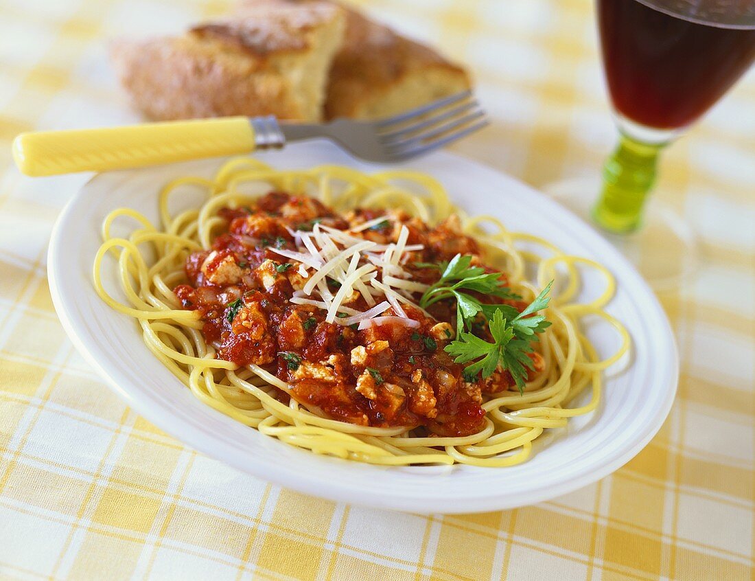 Spaghetti mit Hähnchen-Tomaten-Sauce
