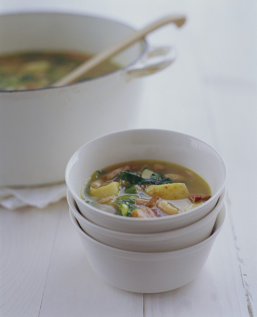 Vegetable Soup in Stacked Bowl; Soup Pot