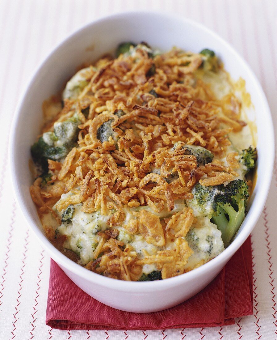Broccoli Casserole Topped with Fried Onions