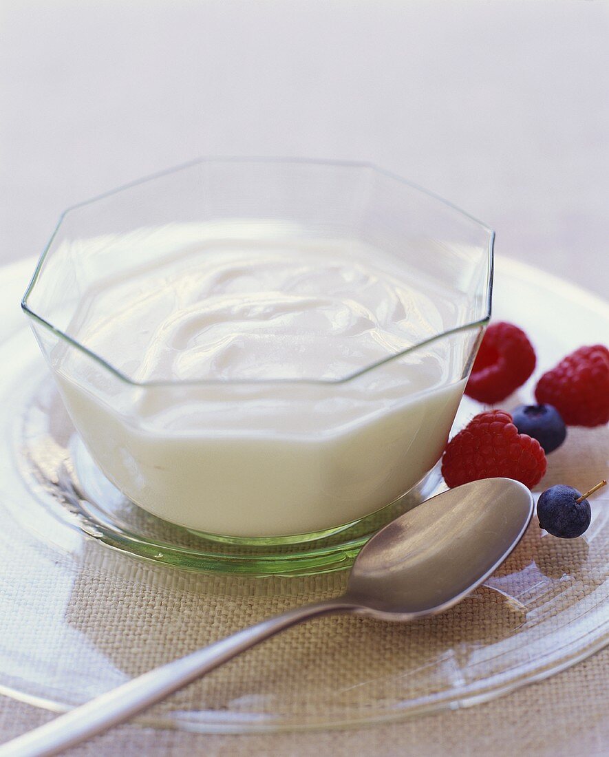 Joghurt in Glasschale mit frischen Him- und Heidelbeeren