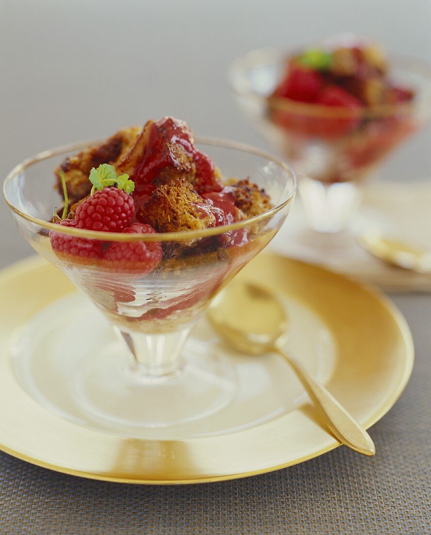 Bowl of Bread Pudding with Raspberry Sauce