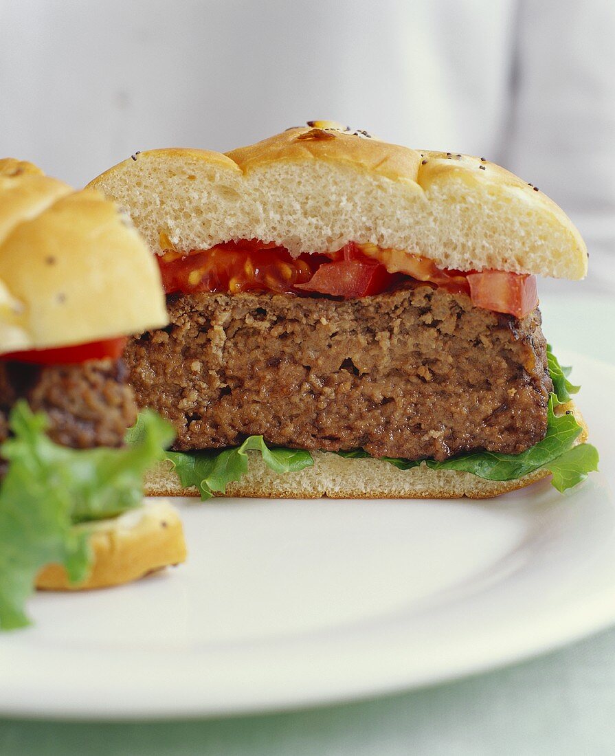 Hamburger with Tomato and Lettuce; Halved