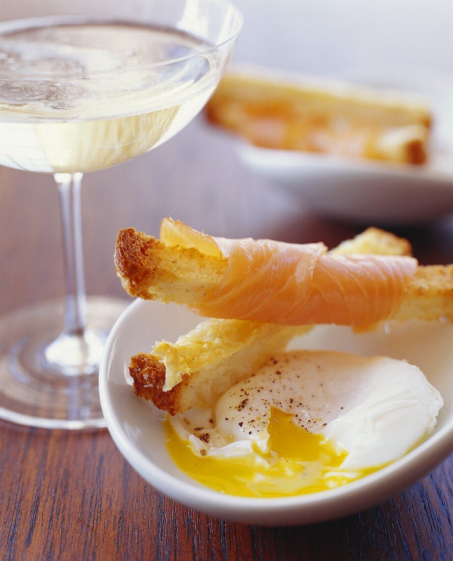 Smoked Salmon Wrapped Bread Sticks; Poached Egg