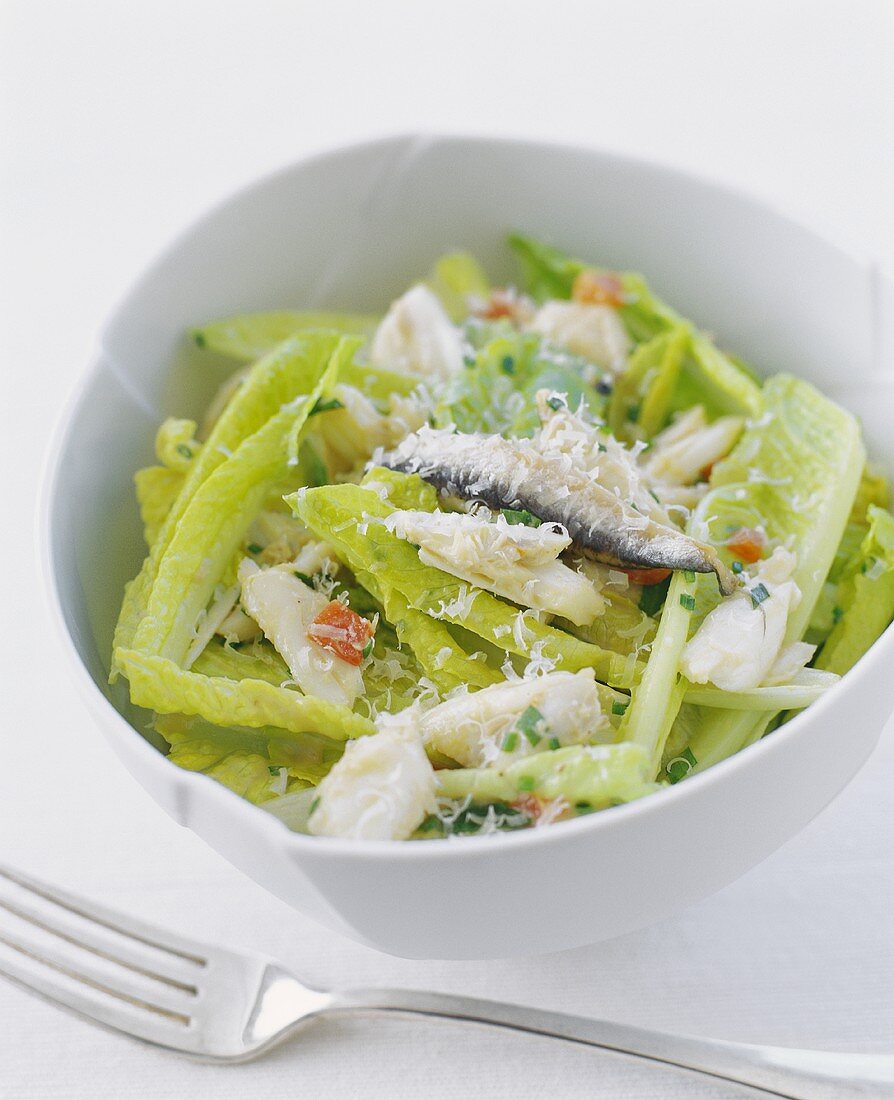 Bowl of Caesar Salad with Anchovies