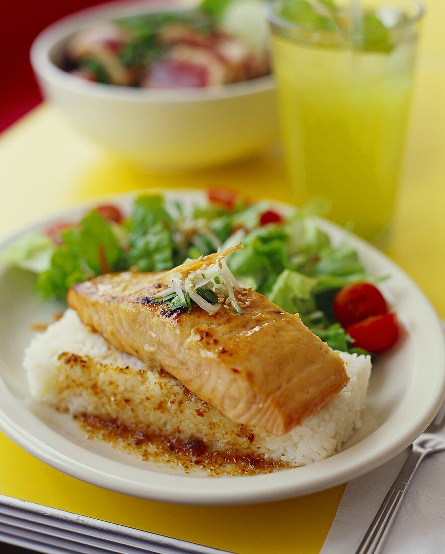 Salmon on Rice Block with Salad