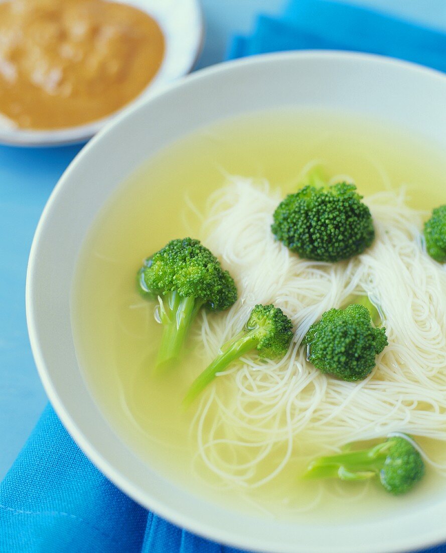 Bowl of Rice Noodle and Broccoli Soup