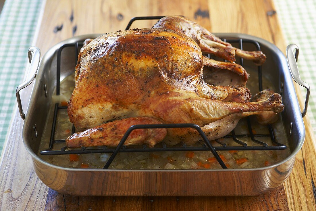 A Whole Roast Turkey on a Rack in a Roasting Pan