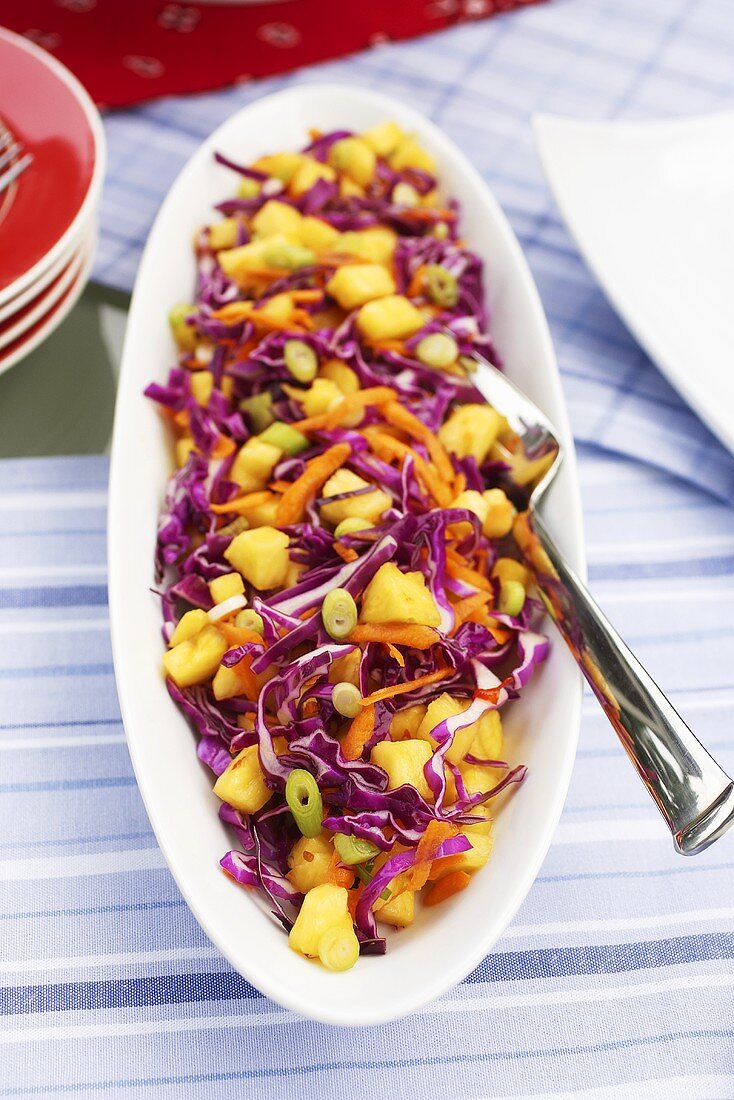 Purple Cabbage and Pineapple Slaw in Serving Dish