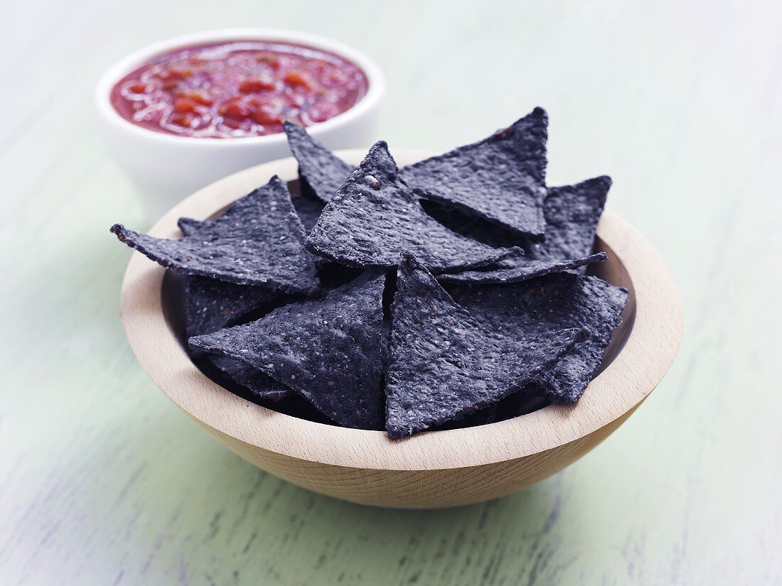 Bowl of Blue Corn Chips with Salsa
