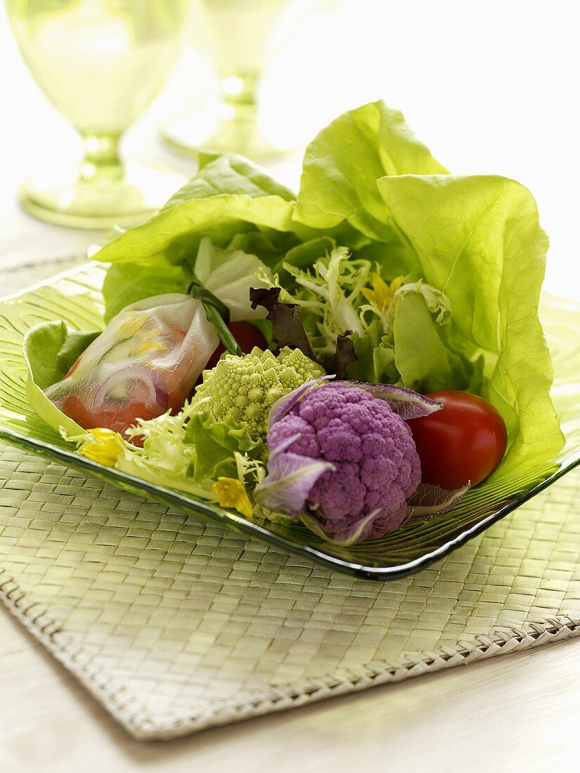 Grüner Salat mit Kohl und gefülltem Reispapier-Säckchen