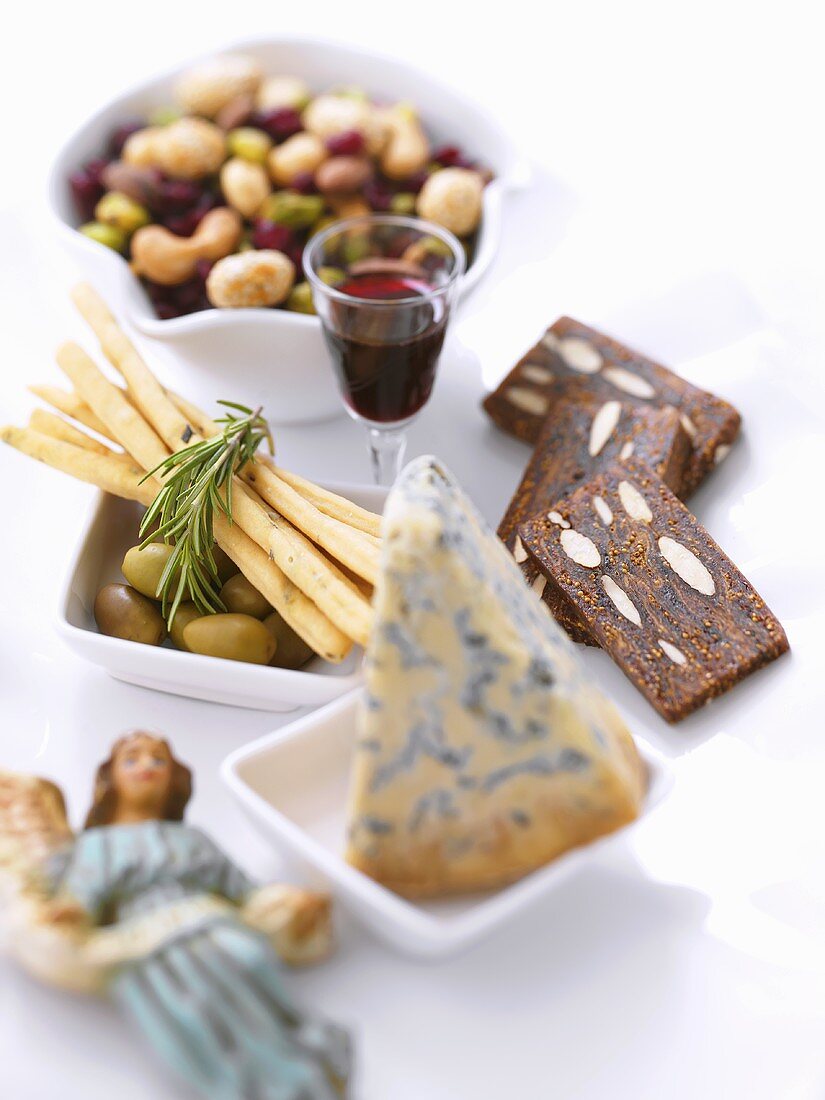 Various Appetizers; Cheese,Breadsticks, Olives and Mixed Nuts