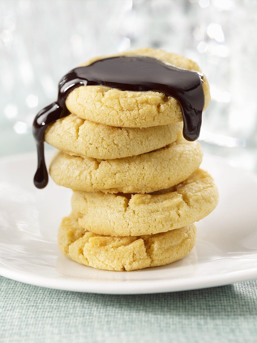 Stack of Cookies Drizzled with Chocolate Sauce