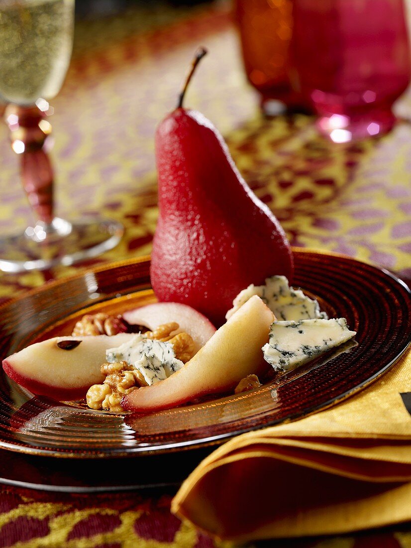Poached Pear with Blue Cheese and Walnuts