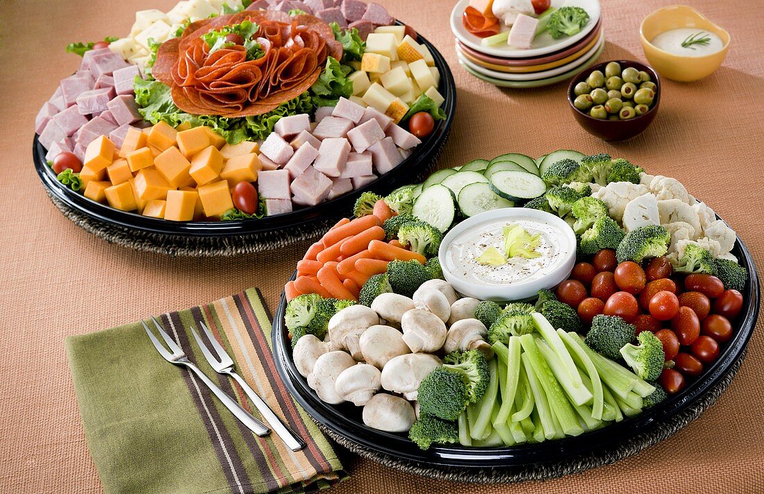 Two Party Platters;Vegetable Tray and Cold Cut Tray
