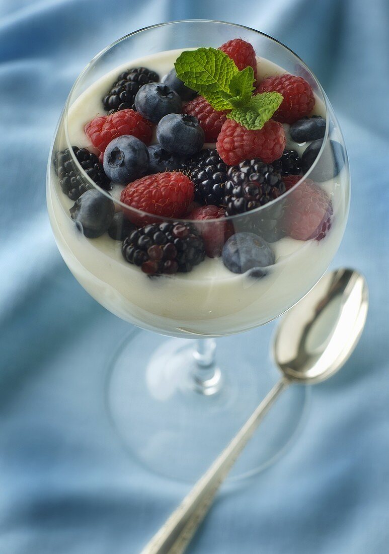 Vanille-Joghurt mit frischen Beeren in einem Glas