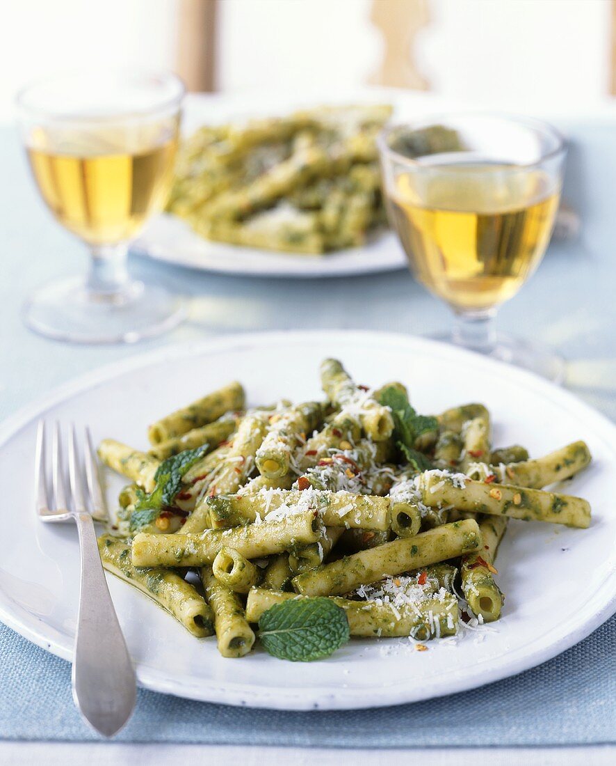 Plate of Rigatoni with Mint Sauce and White Wine