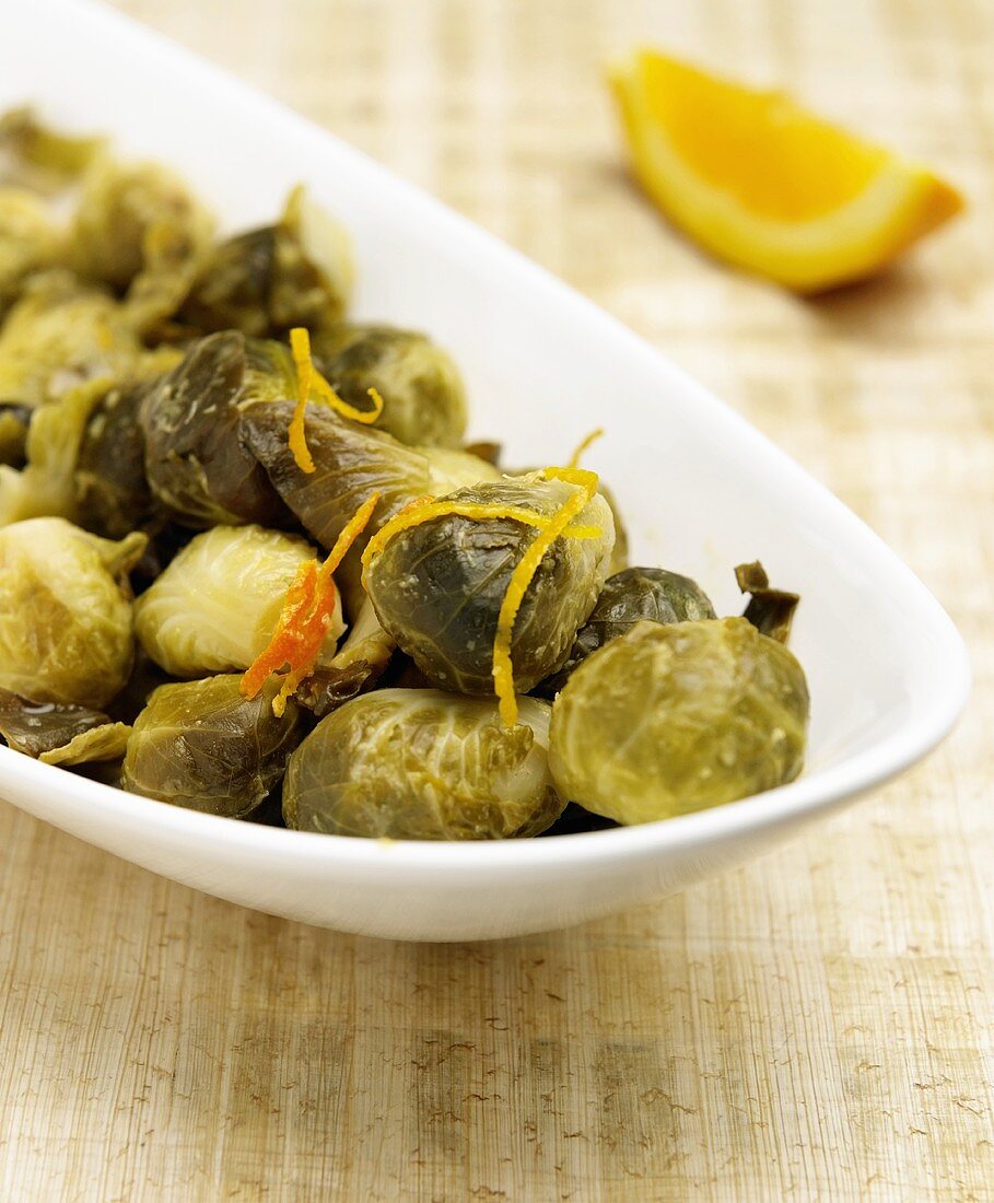 Brussels Sprouts with Orange Zest in a Serving Dish