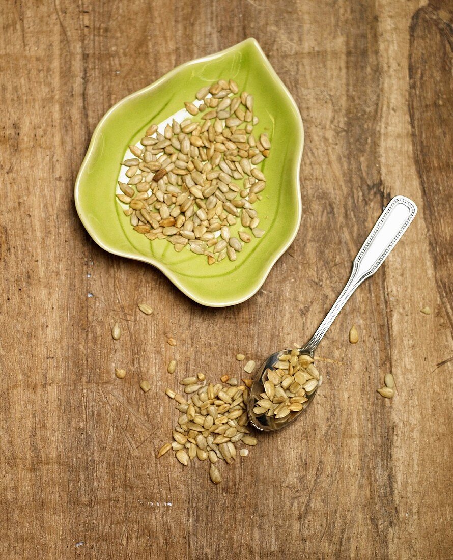 Sunflower Seeds on a Leaf Plate and Spoon