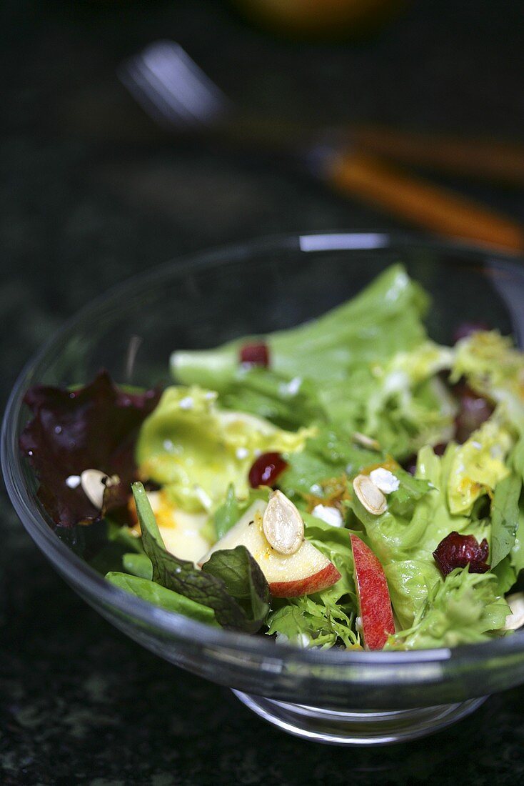 Green Salad with Apple Slices and Pumpkin Seeds