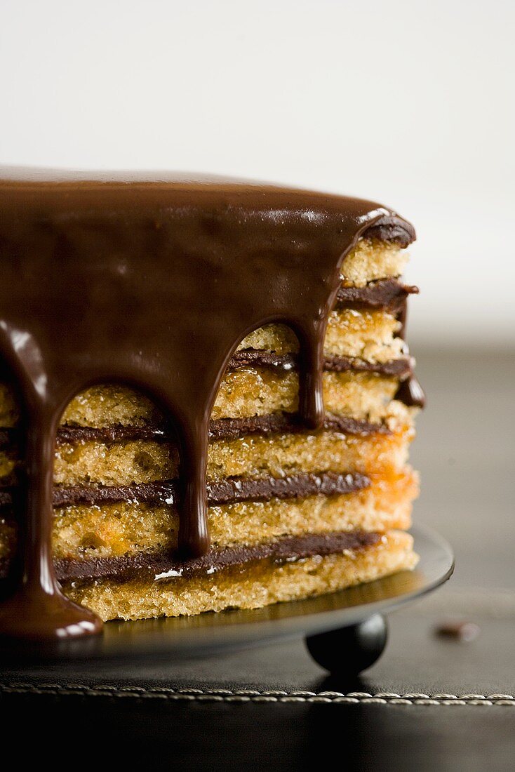 Chocolate Icing Dripping Over Yellow Layer Cake