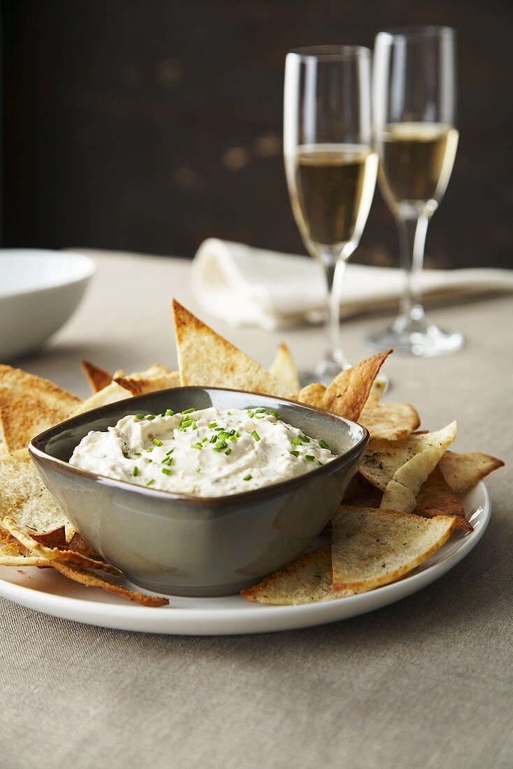 Onion Dip with Pita Chips; Champagne