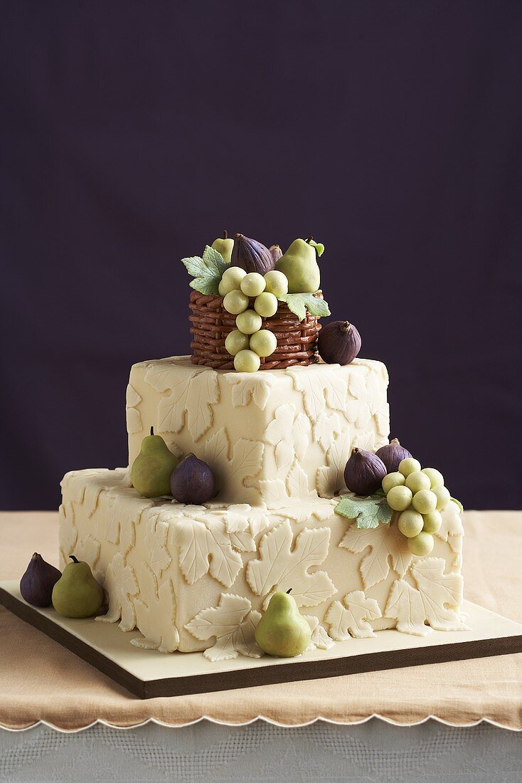 Wedding Cake Decorated with Marzipan Fruit and Leaves