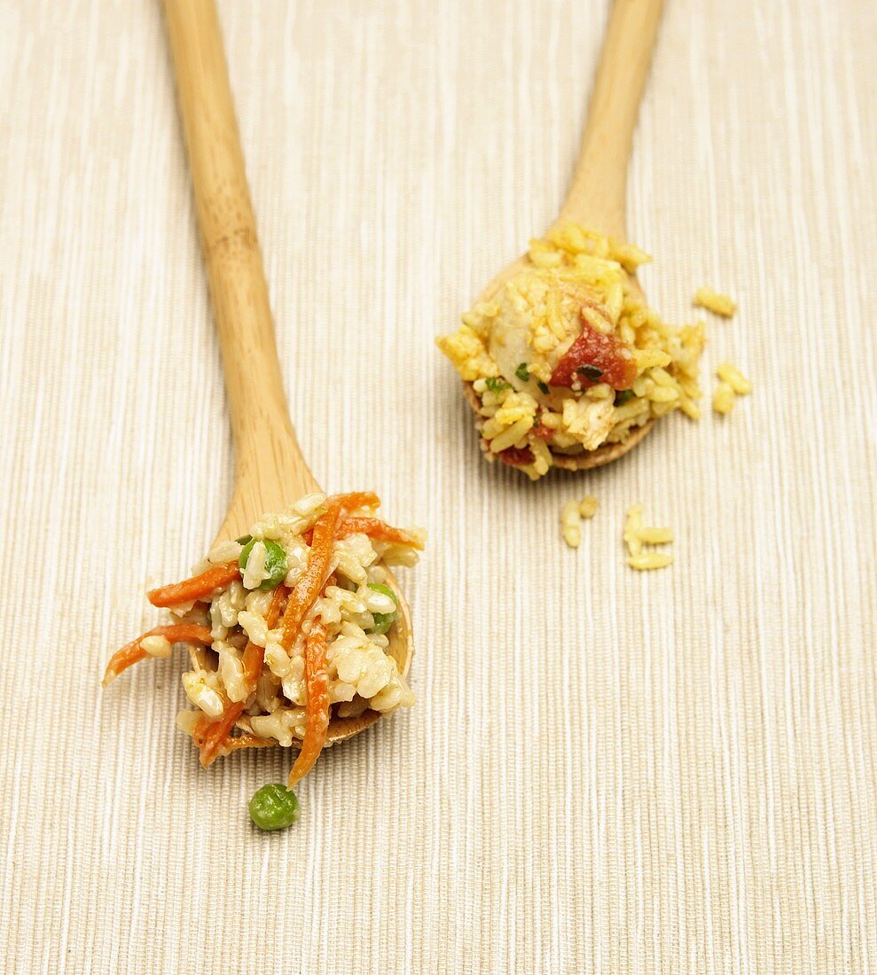 Vegetable Fried Rice and Chicken Mexican Rice on Spoons