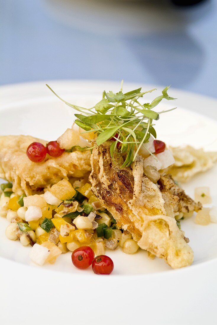 Fried Squash Blossoms with Sweet Corn Relish