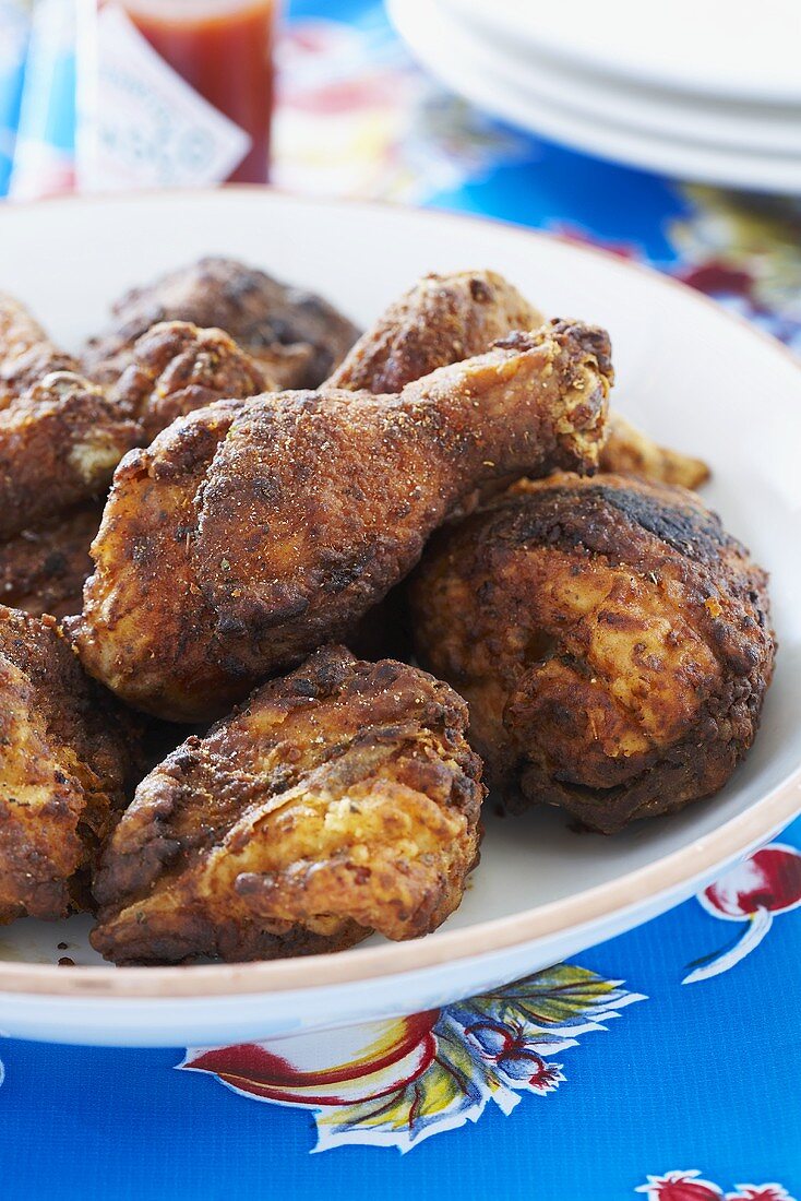 Spicy Fried Creole Chicken Pieces on Platter