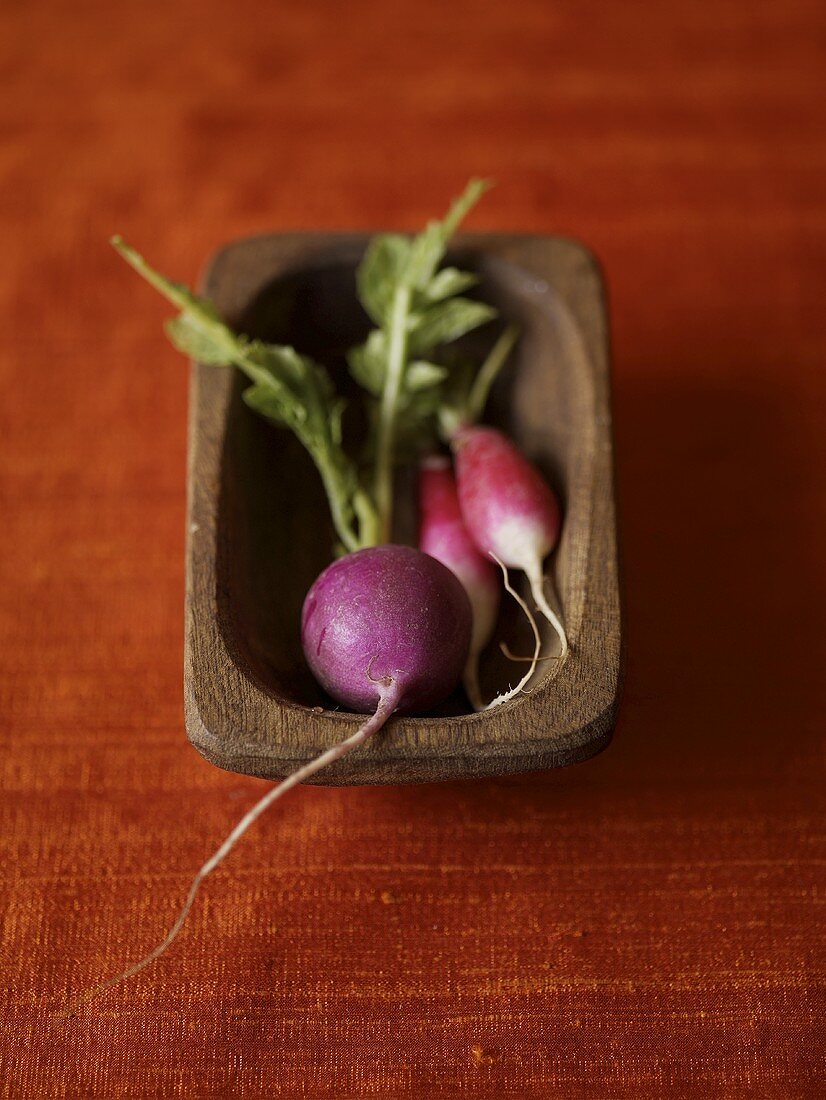 Various Radishes in Wooden Bowl