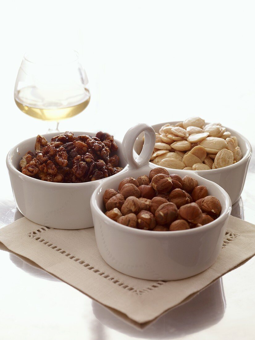 Assorted Nuts in Three Bowl Serving Dish