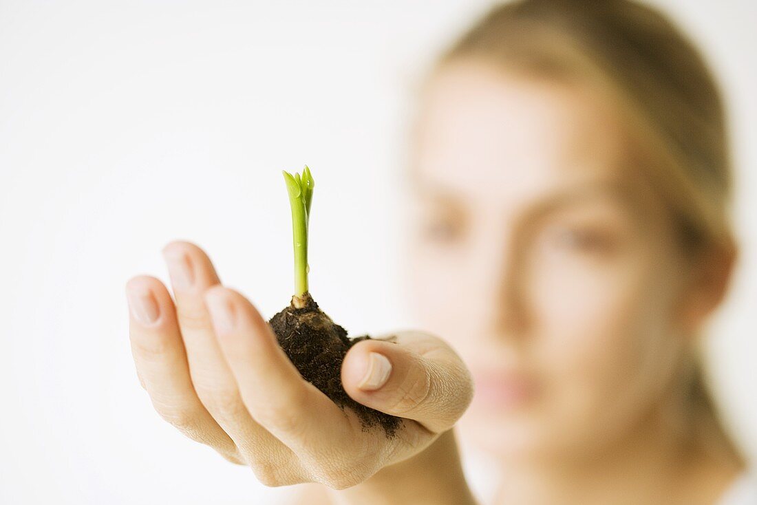Frau hält keimende Pflanze mit Erde
