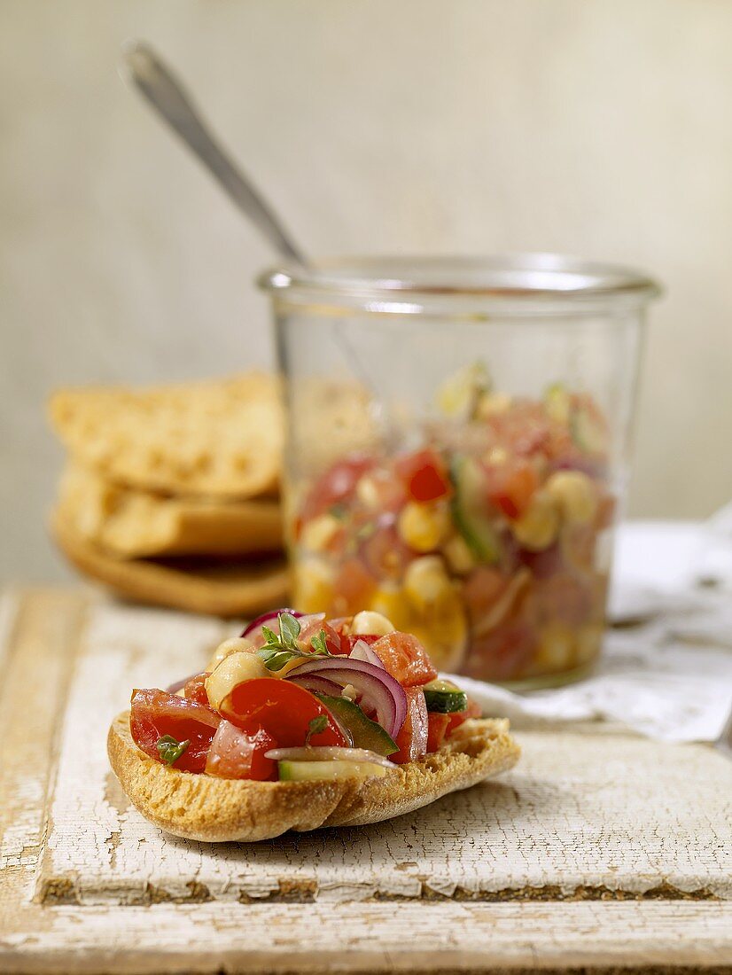 Tomato, Onion, Chickpea and Cucumber Bruchetta on Crusty Bread and in Jar