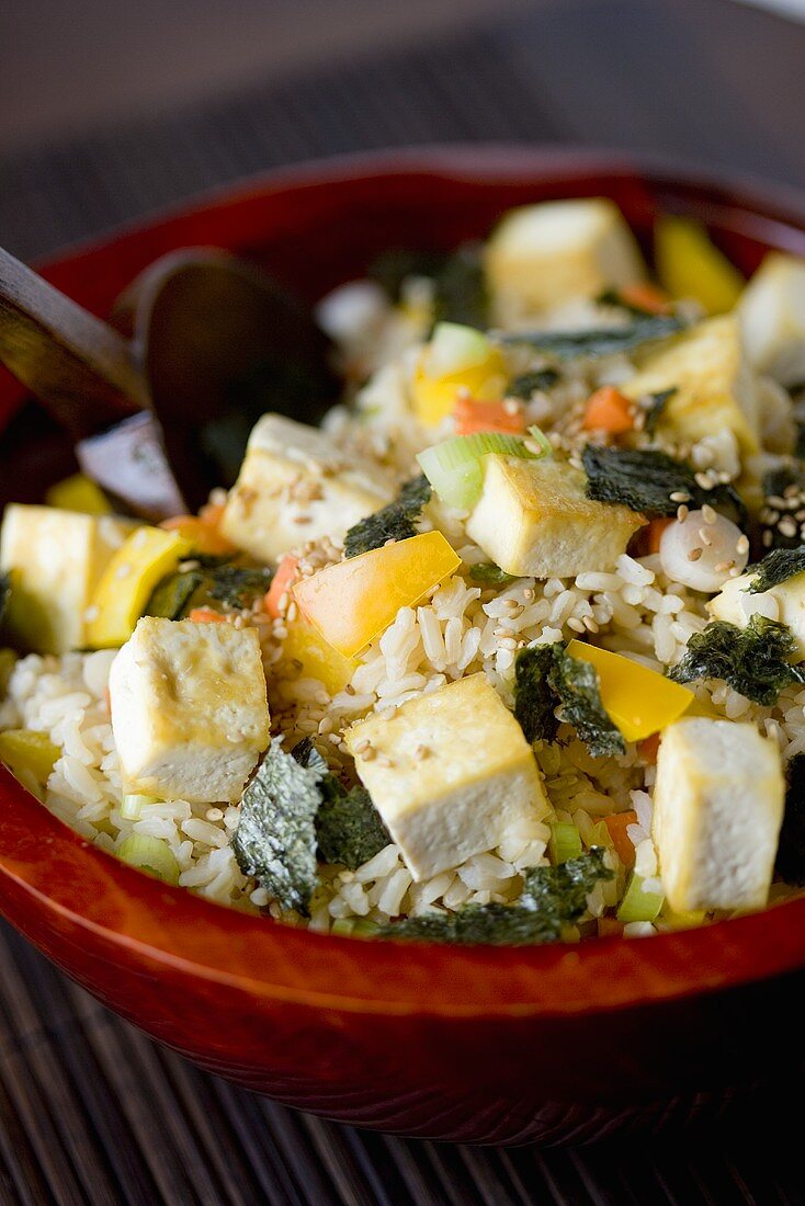 Japanese Rice Salad with Tofu, Vegetables and Roasted Nori