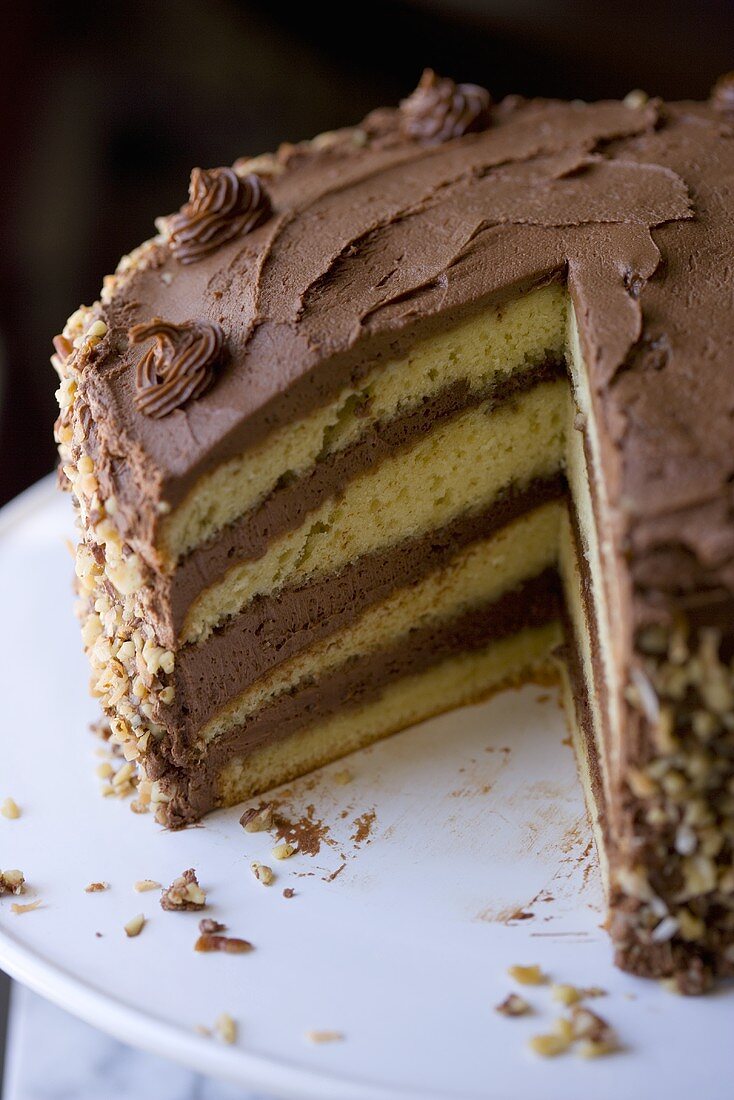 Biskuittorte mit Schokoladencreme und Nüssen, angeschnitten