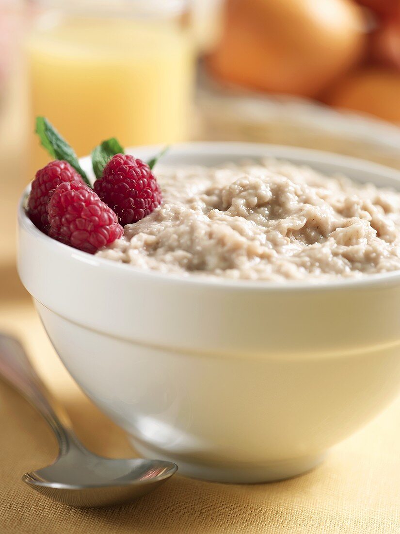 A Bowl of Oatmeal with Raspberries