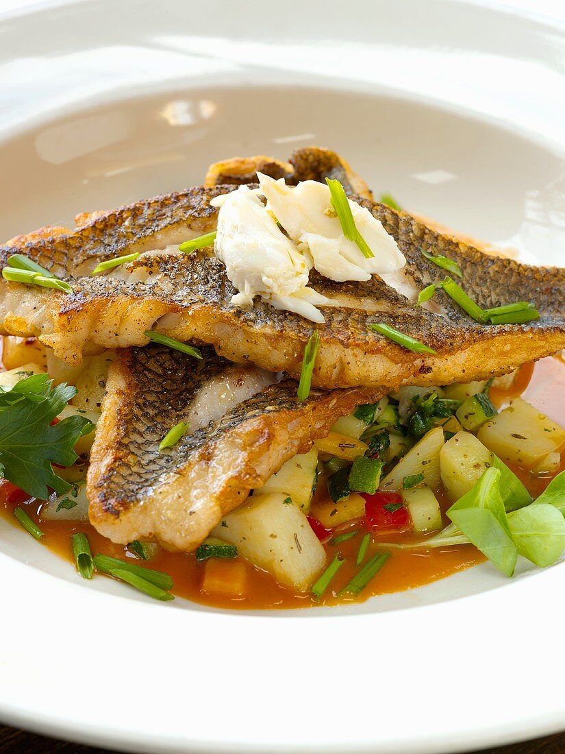 Sea Bass Fillets with Chives Over Warm Mixed Vegetables