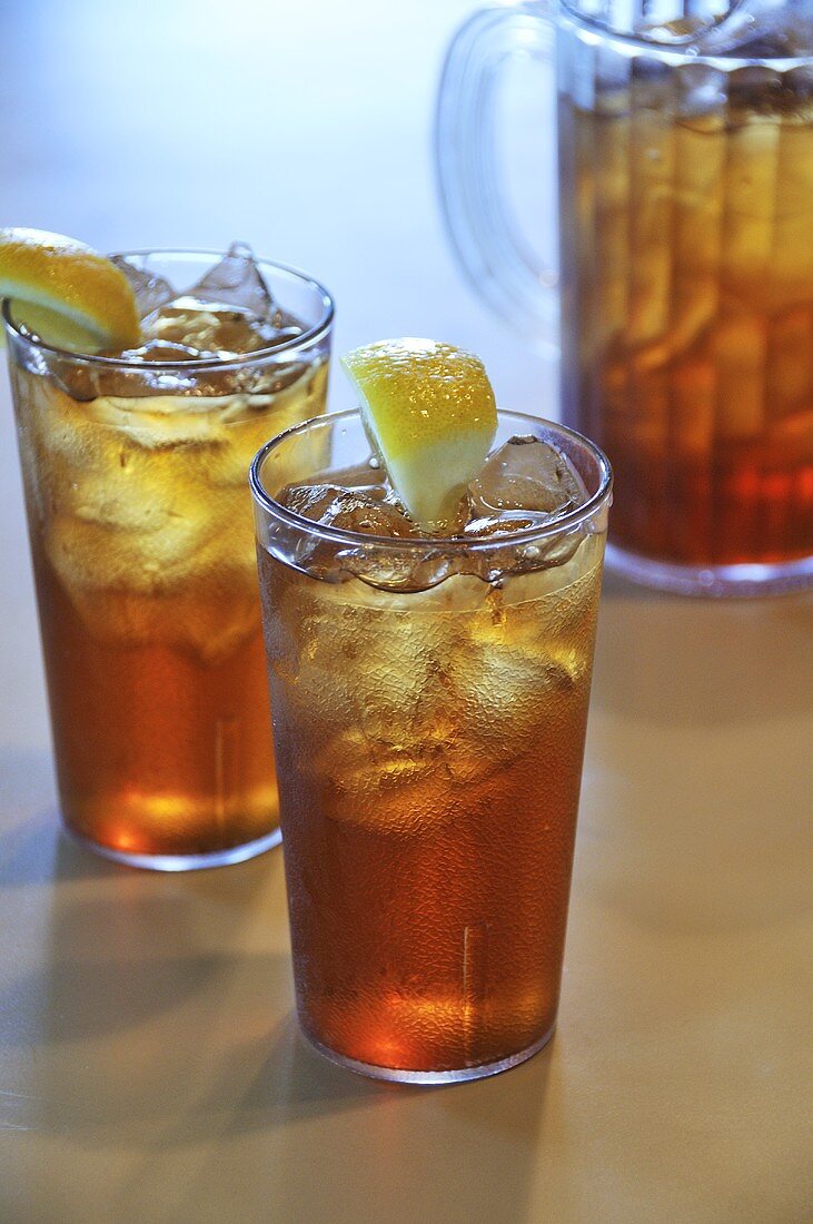 Two Glasses of Iced Tea with Lemon; Pitcher of Iced Tea
