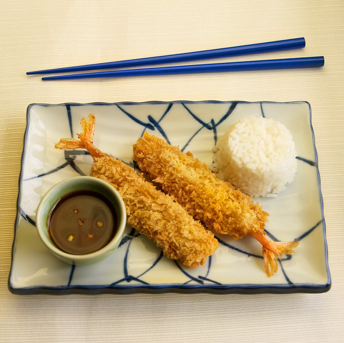 Two Fried Torpedo Shrimp with Rice and Sauce, Chopsticks