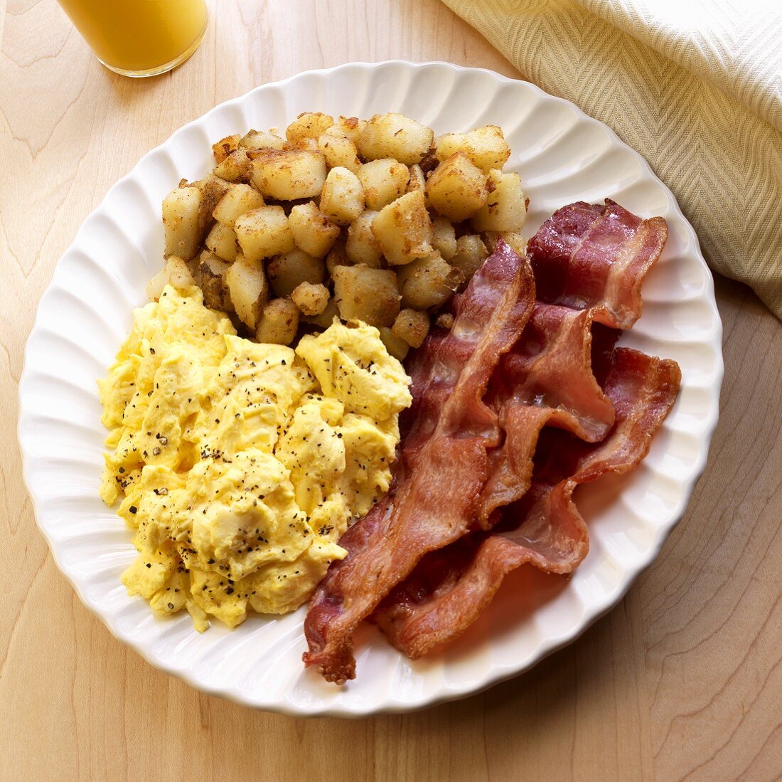 Scrambled Eggs, Thick Sliced Bacon and Home Fries